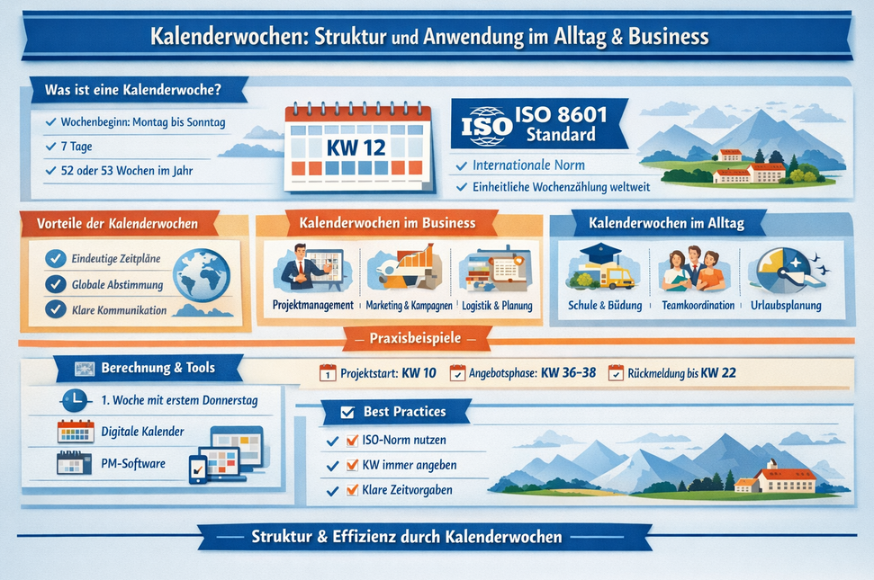 Infografik zu Kalenderwochen (ISO 8601) mit Definition, Vorteilen und Anwendung im Alltag und Business